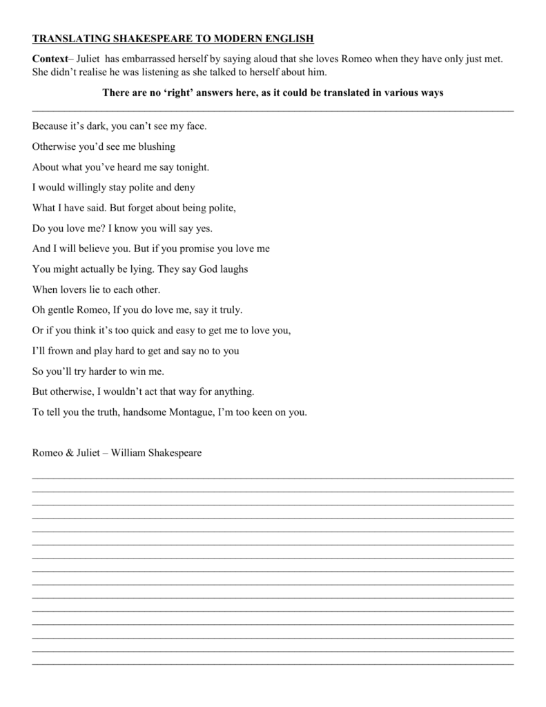 Shakespeare Translation Worksheet Romeo Juliet