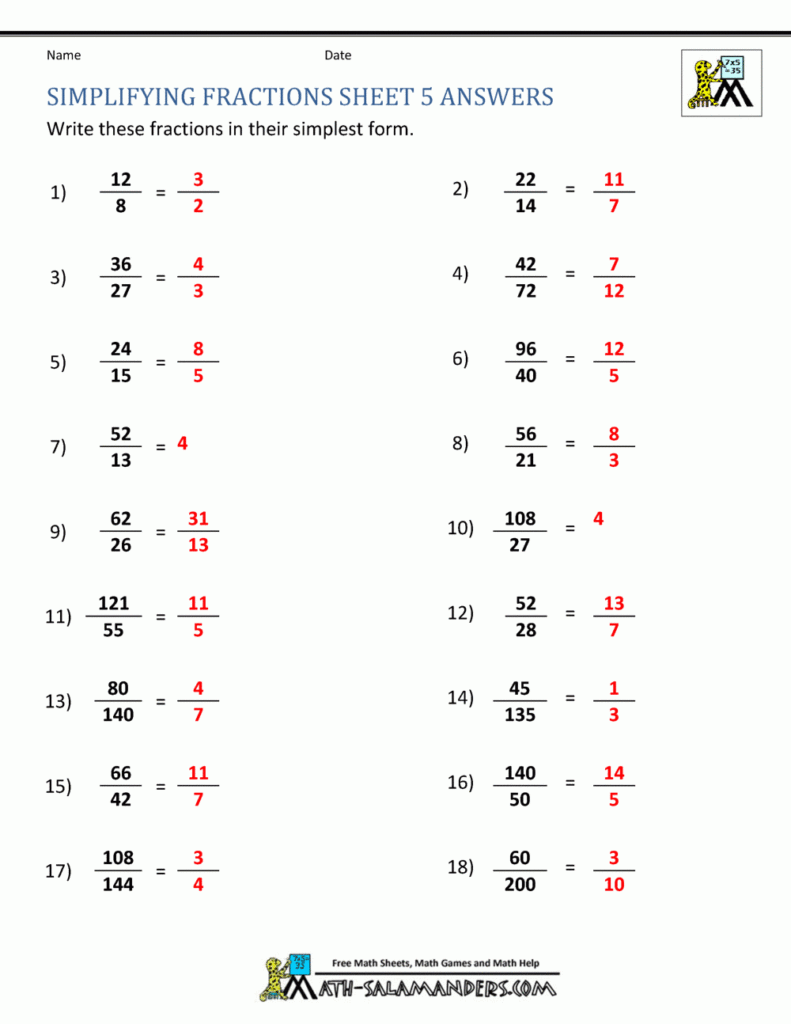 Simplifying Fractions Worksheet