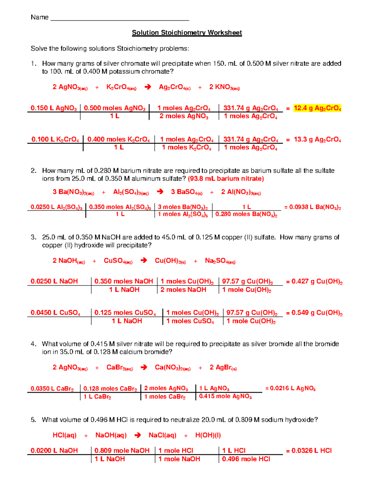 Solution Stoichiometry Worksheet KEY Studocu