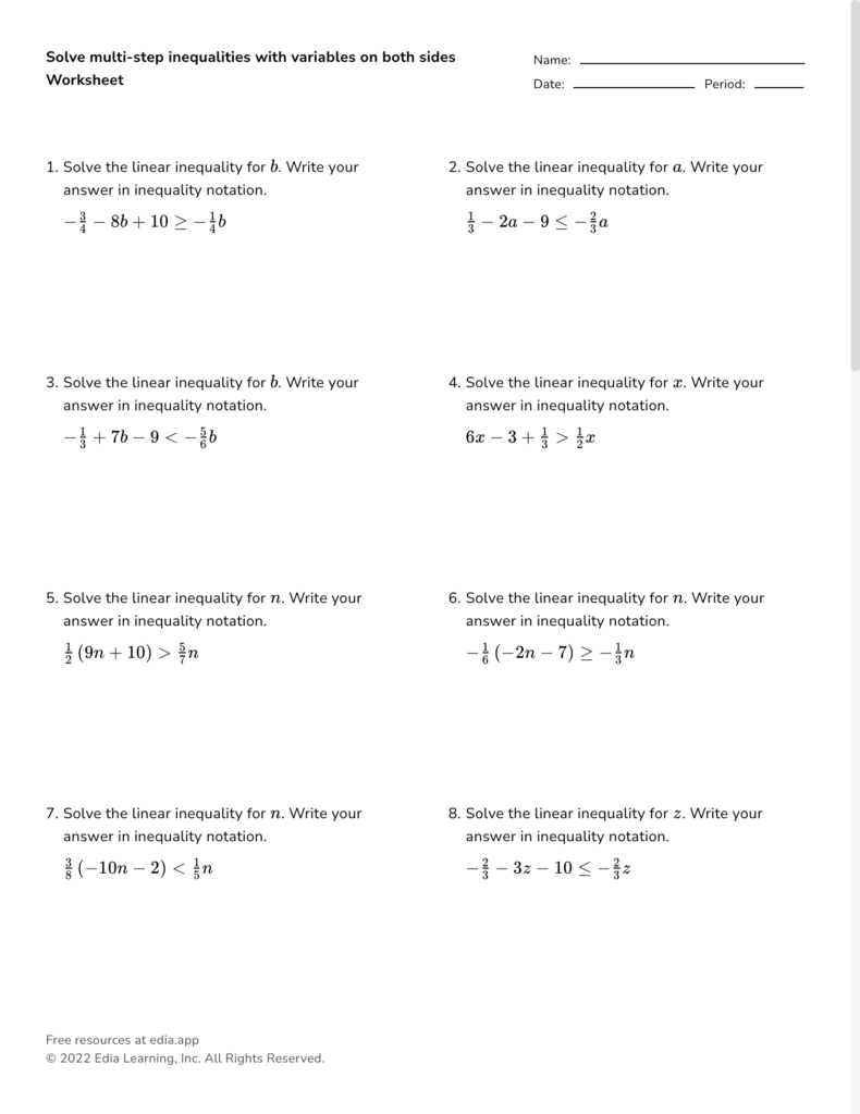 Solve Multi step Inequalities With Variables On Both Sides Worksheet