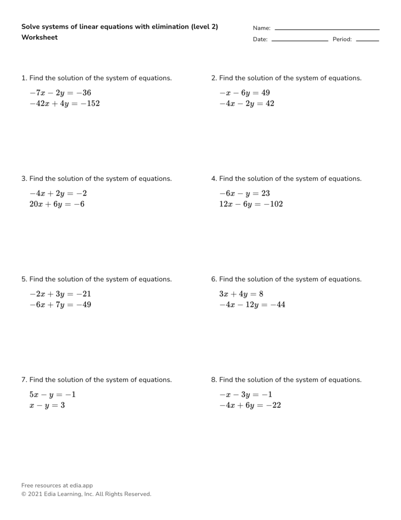 Solve Systems Of Linear Equations With Elimination level 2 Worksheet
