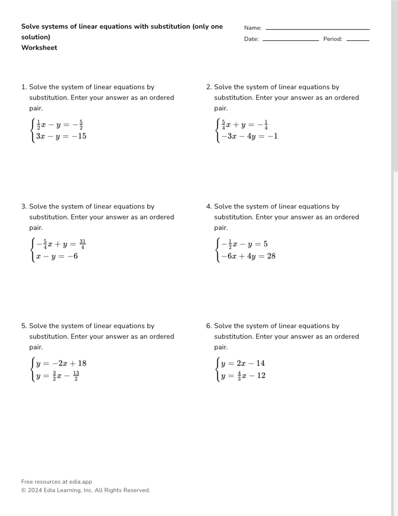 Solve Systems Of Linear Equations With Substitution only One Solution Worksheet