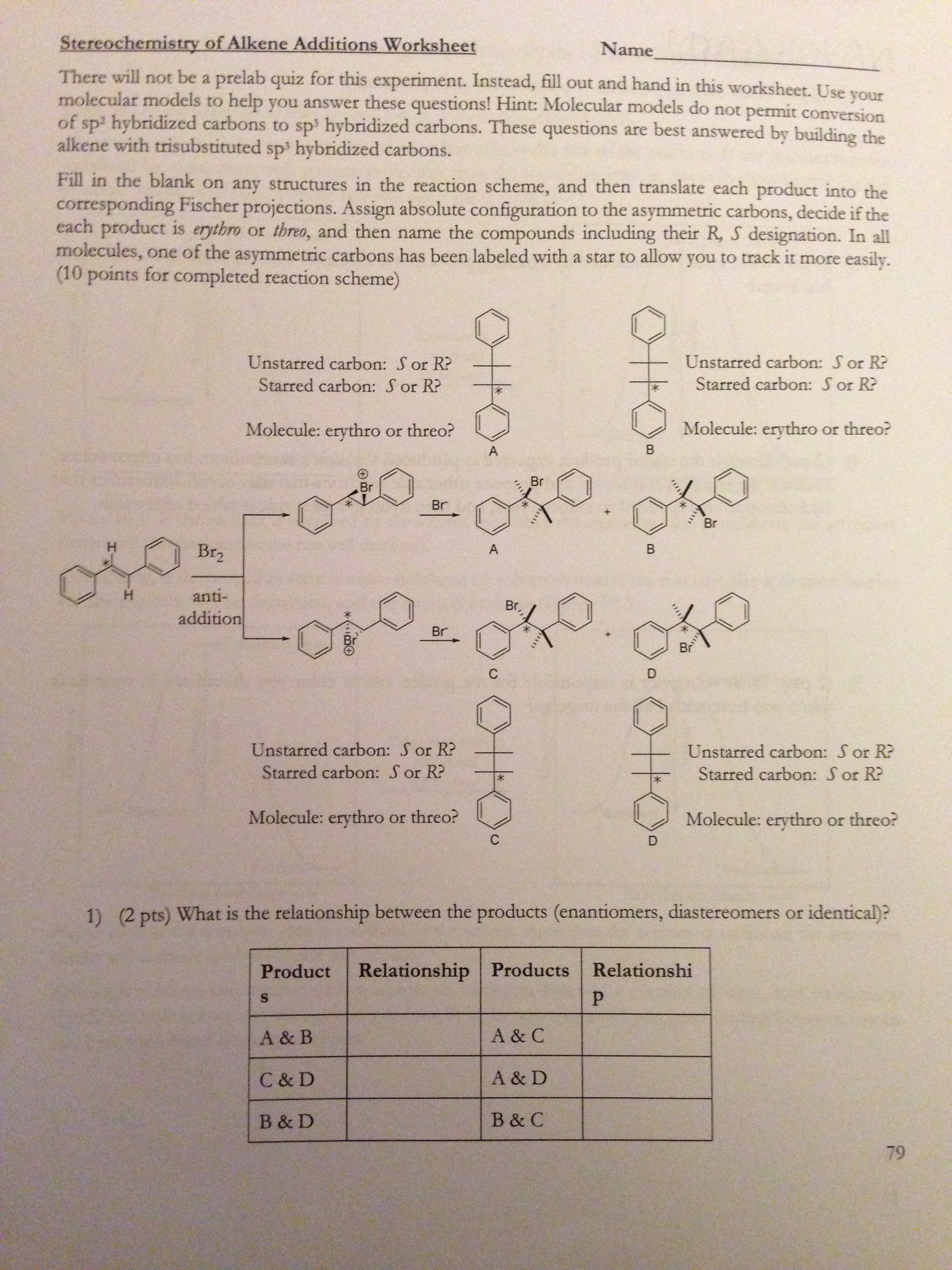 Solved Stereochemistry Of Alkene Additions Worksheet I Am Chegg