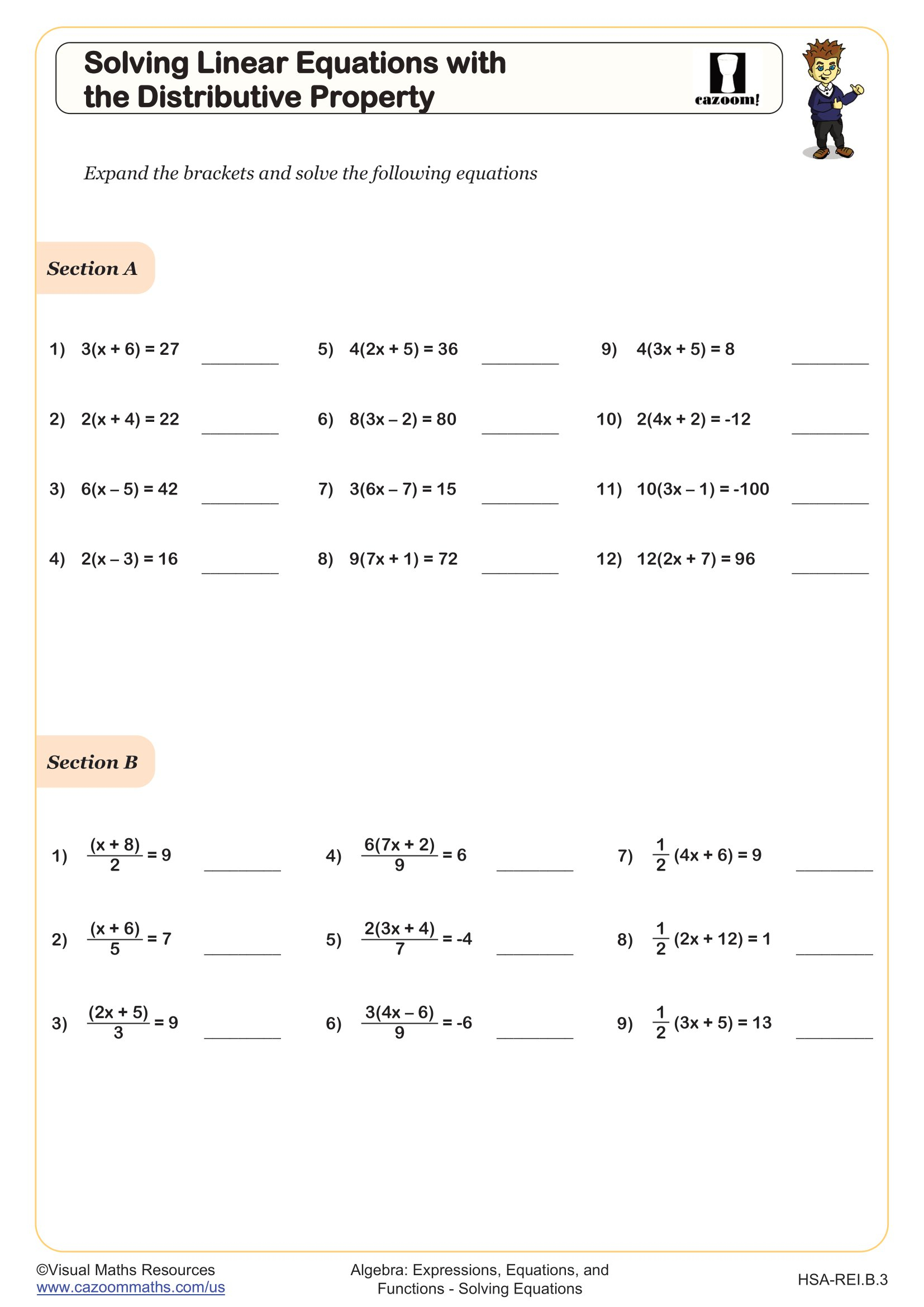 Solving Linear Equations With The Distributive Property Worksheet PDF Printable Algebra Worksheet Cazoom Math