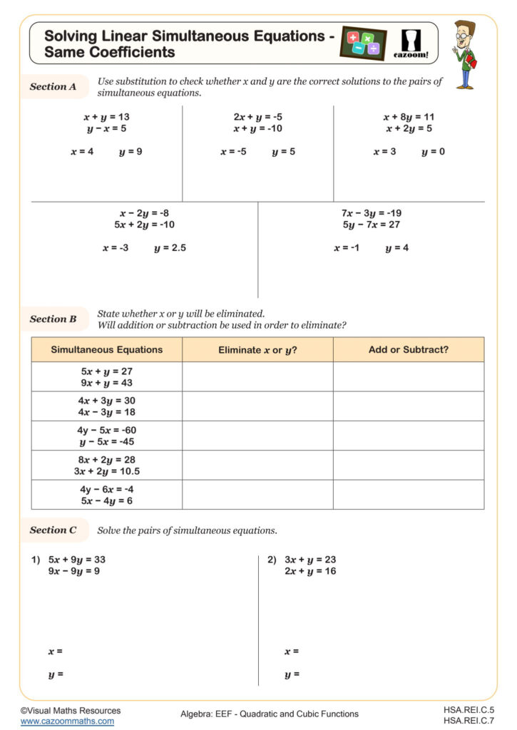 Solving Linear Simultaneous Equations Same Coefficients Worksheet Fun And Engaging High School Algebra Worksheet Cazoom Math