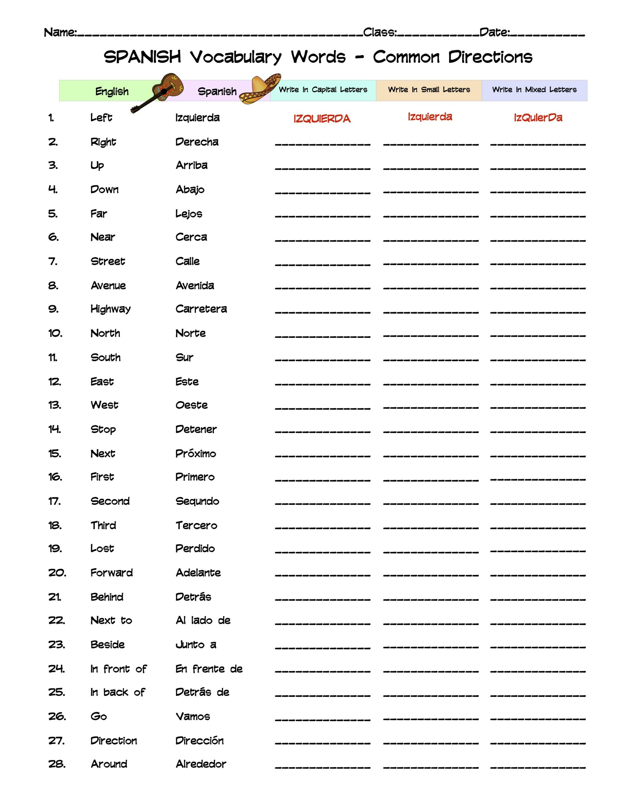 Spanish Common Directions Vocabulary Word List Column Worksheet Made By Teachers