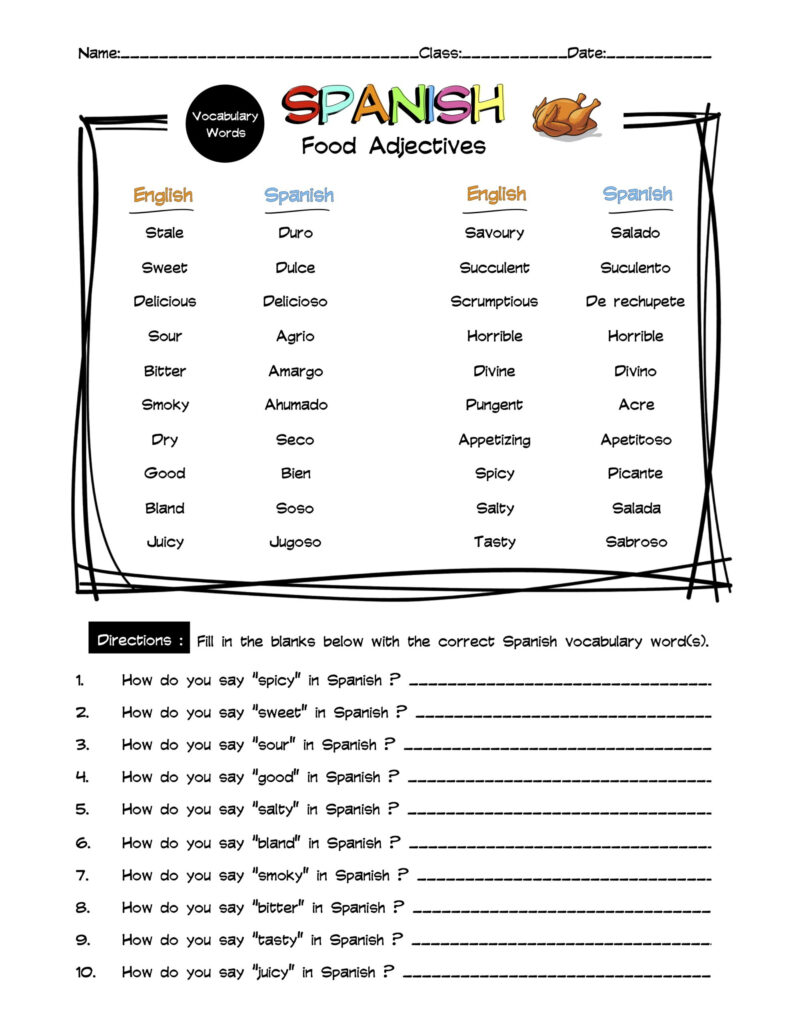 Spanish Food Adjectives Vocabulary Word List Worksheet Answer Key Made By Teachers