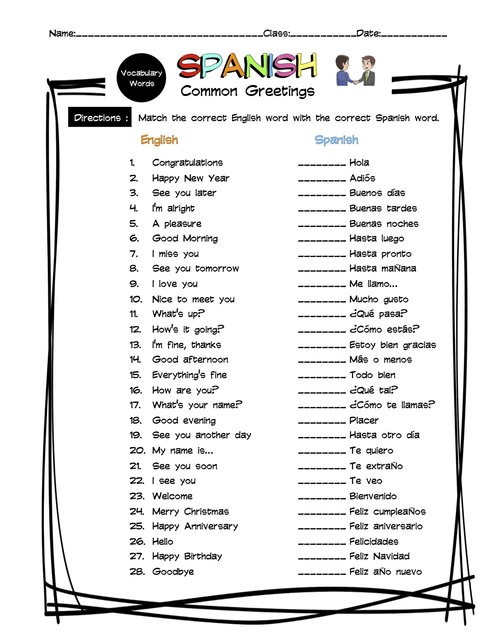 Spanish Greetings Vocabulary Matching Worksheet Answer Key Made By Teachers