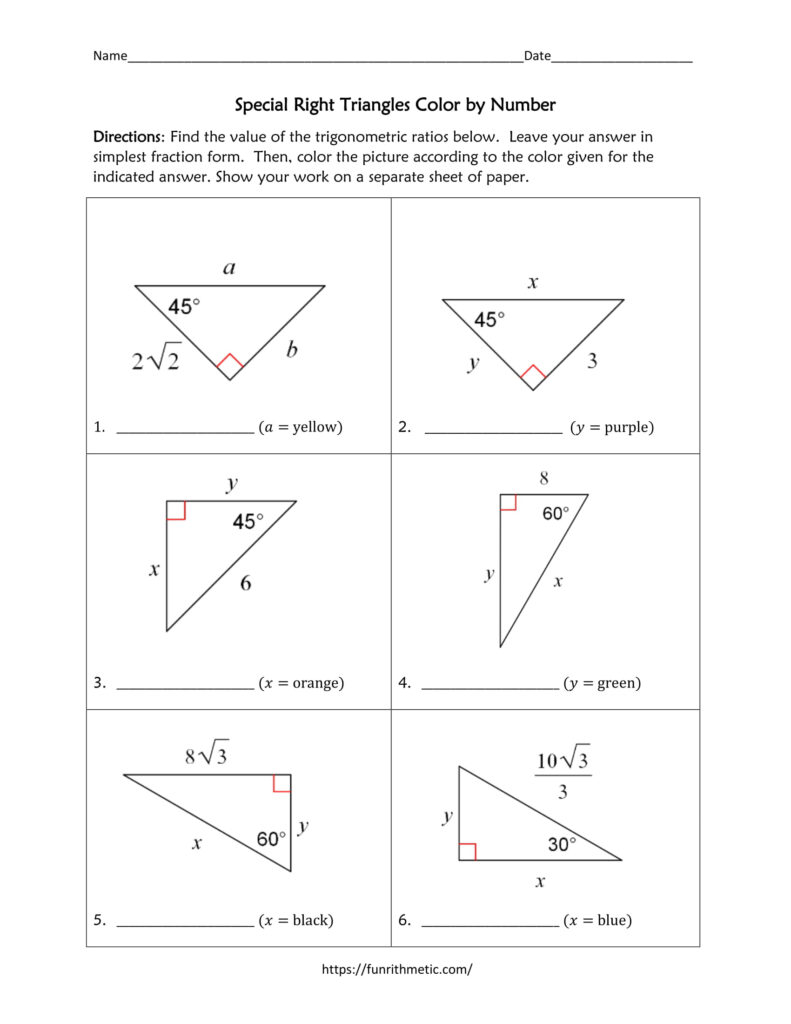 Special Right Triangles Color By Number Funrithmetic