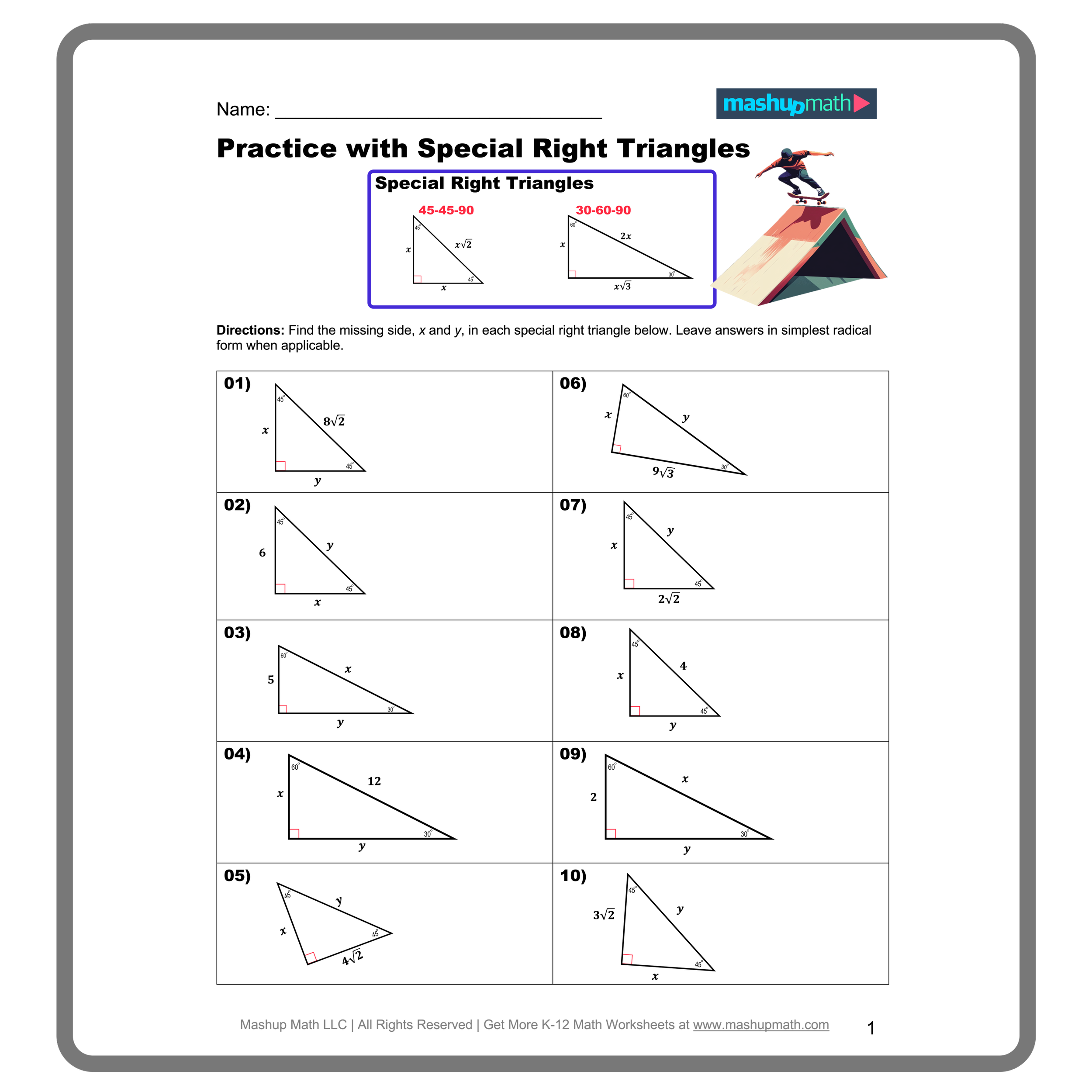 Special Right Triangles Worksheets Printable Mashup Math