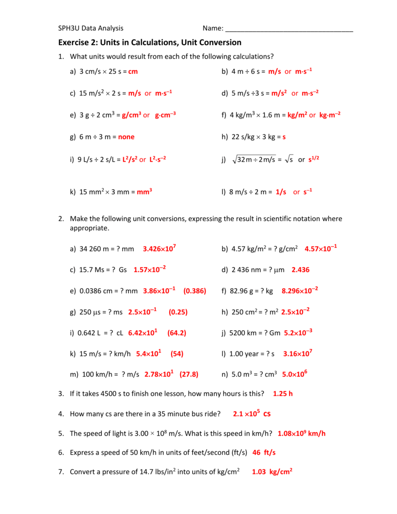 SPH3U Physics Unit Conversions Calculations Worksheet SPH3U Physics Unit Conversions Calculations Worksheet