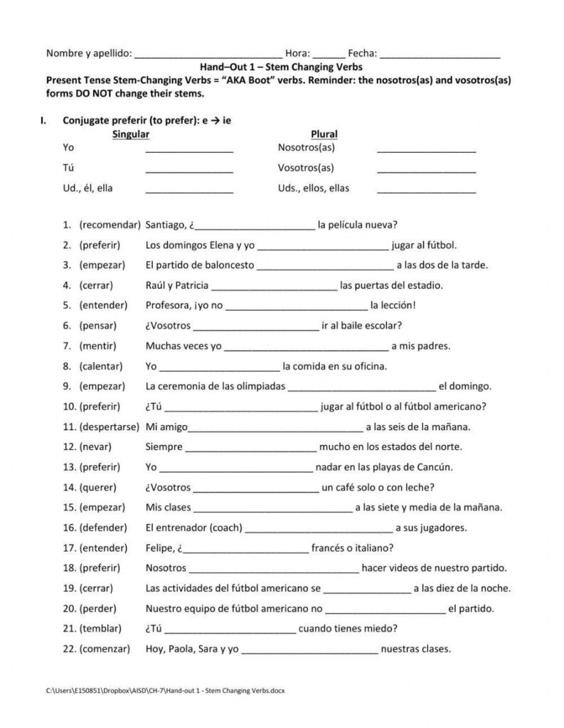 Stem Changing Verbs 1 Worksheet Worksheets Library