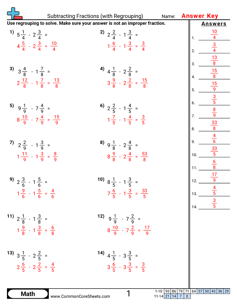 Subtracting Fractions with Regrouping Worksheet Download