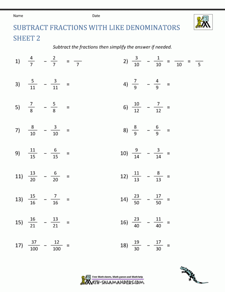 Subtracting Fractions Worksheets Subtracting Fractions Worksheets