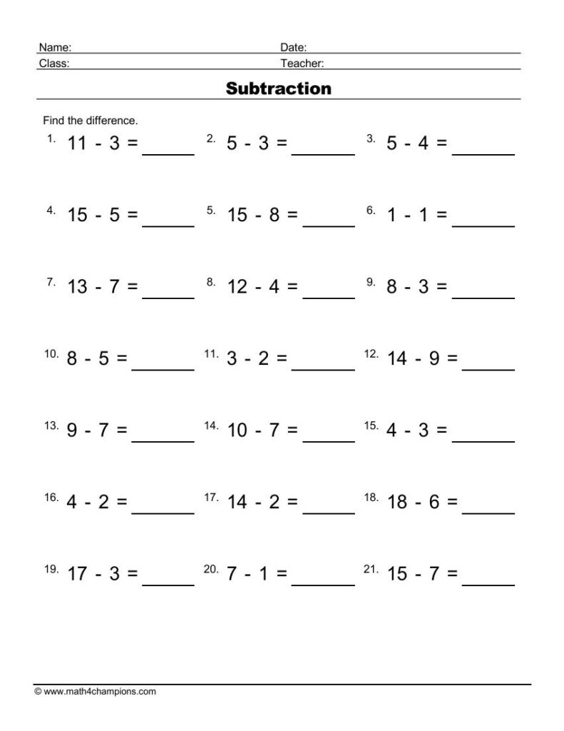 Subtraction Math Worksheets Pdf Printable Math Champions