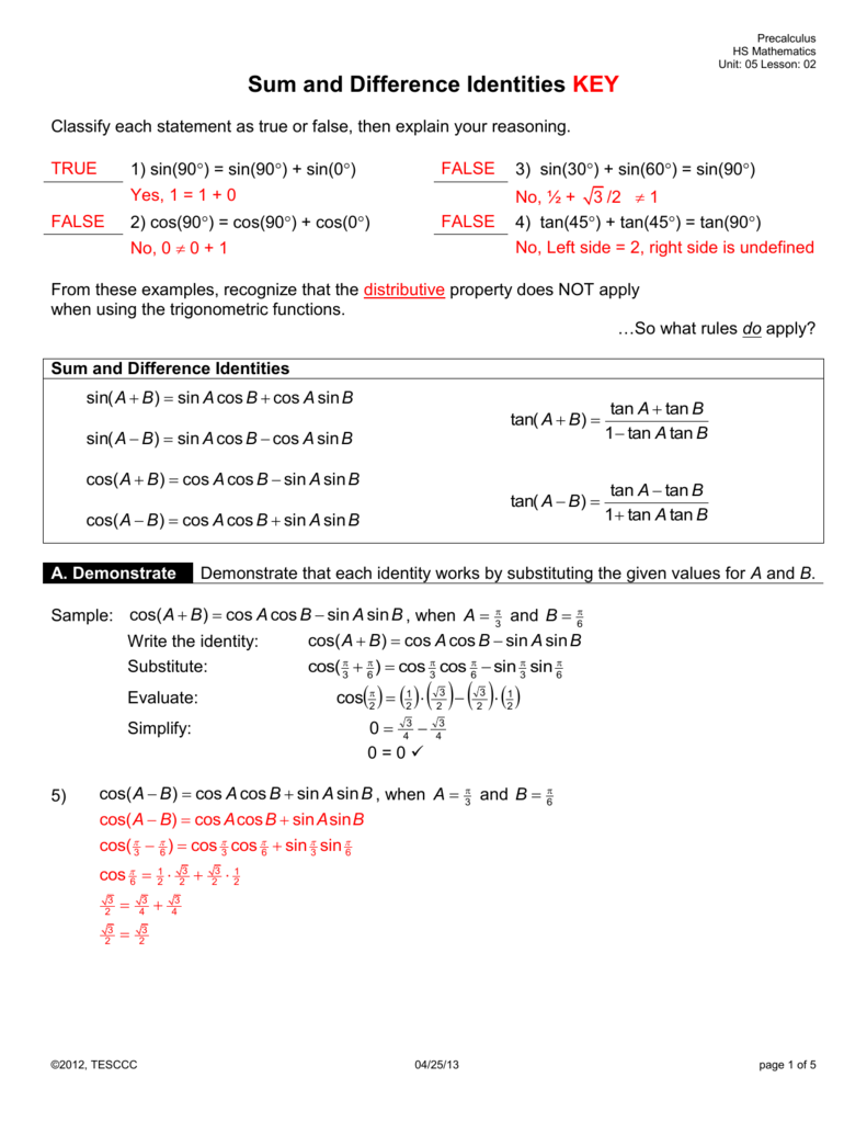 Sum Difference Identities Precalculus Worksheet Key