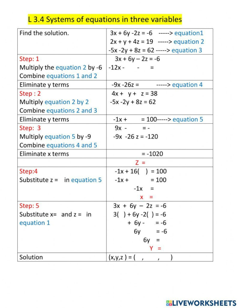 Systems Of Equations In Three Variables Worksheet Worksheets Library