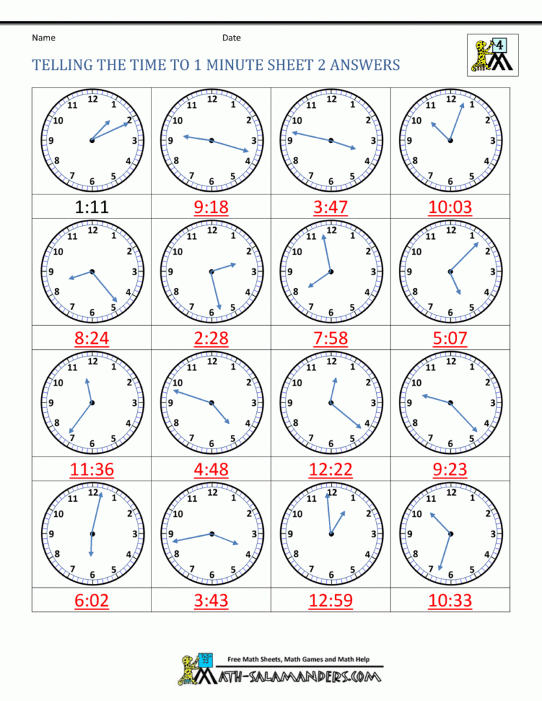 Telling Time Worksheets Grade 4 To The Nearest Minute
