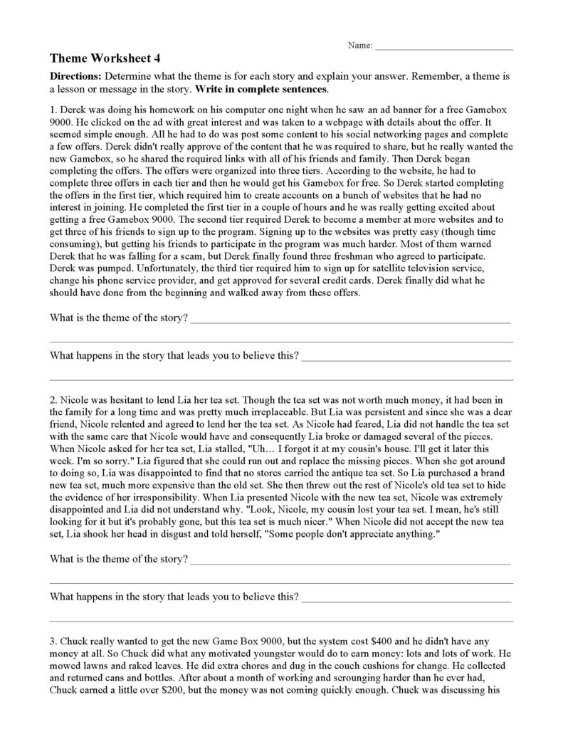 Theme Worksheet 4 Reading Activity
