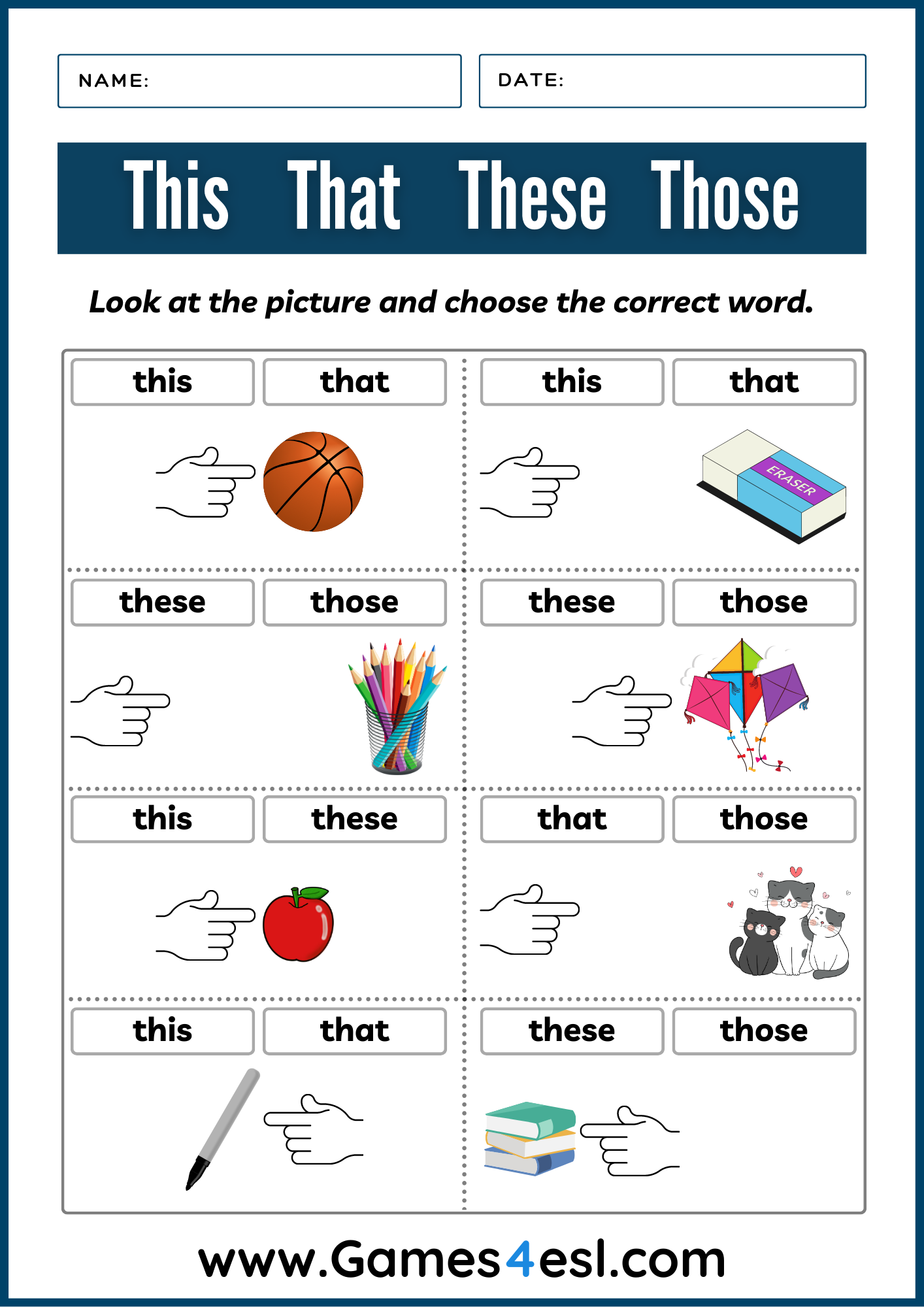This That These Those Worksheets Demonstrative Pronouns Practice Games4esl