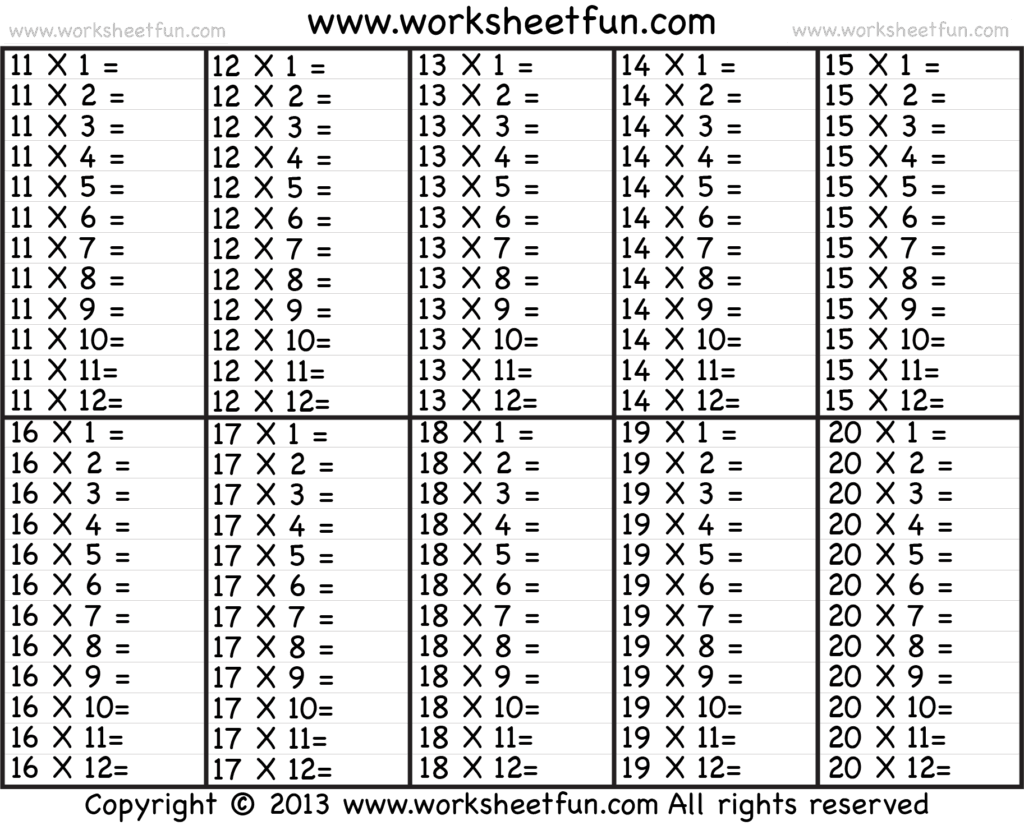 Times Table 2 12 Worksheets 1 2 3 4 5 6 7 8 9 10 11 12 13 14 15 16 17 18 19 And 20 FREE Printable Worksheets Worksheetfun