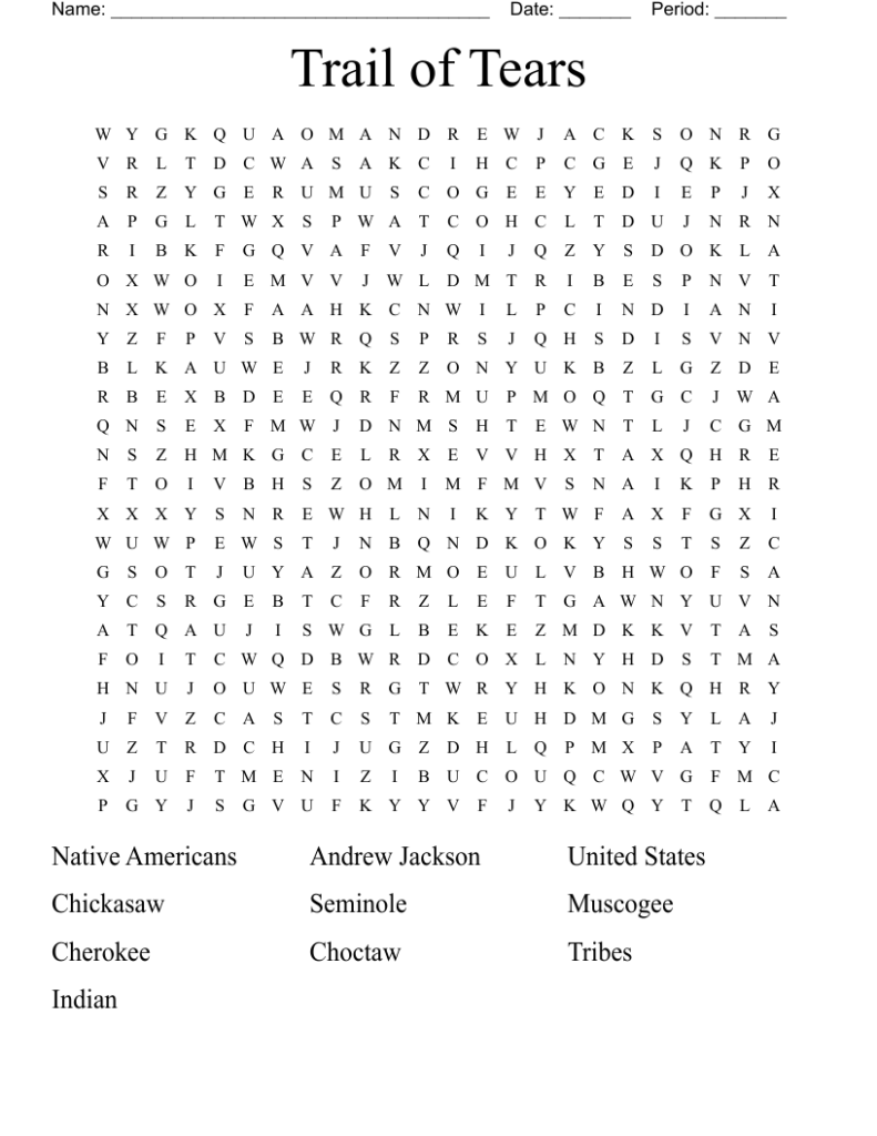 Trail Of Tears Word Search WordMint