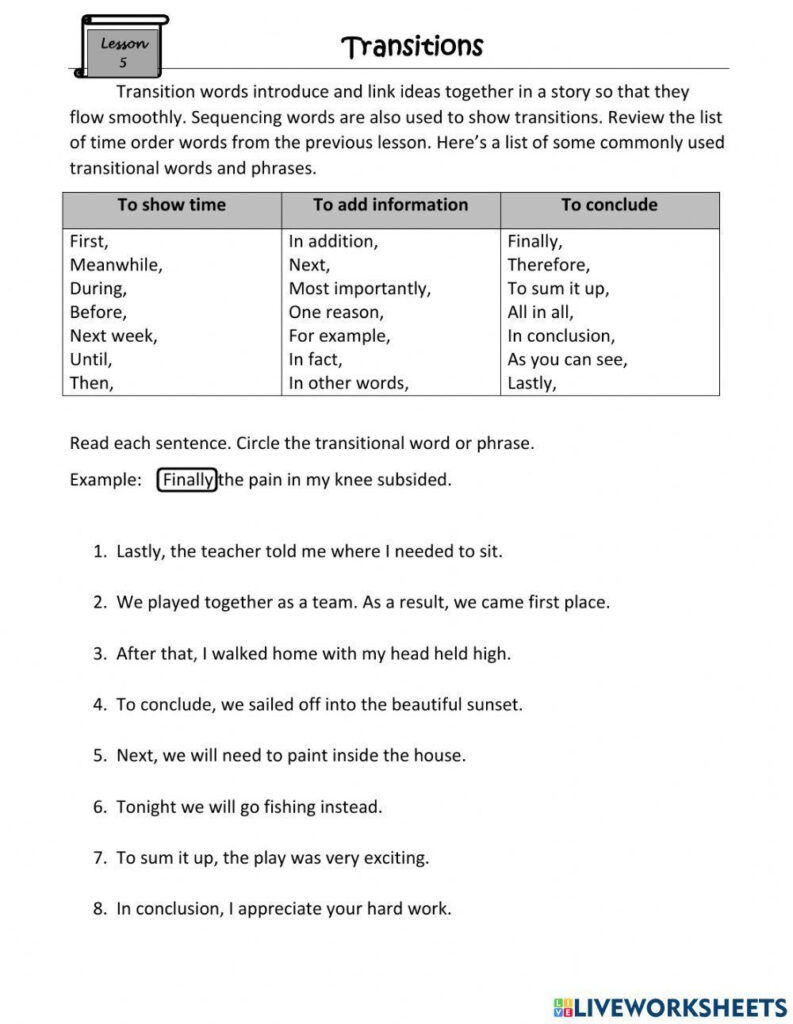 Transitional Phrases Worksheet Worksheets Library