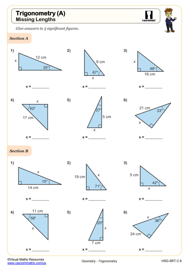 Trigonometic Ratios SOH CAH TOA Missing Side Lengths Worksheet PDF Printable Geometry Worksheet Cazoom Math