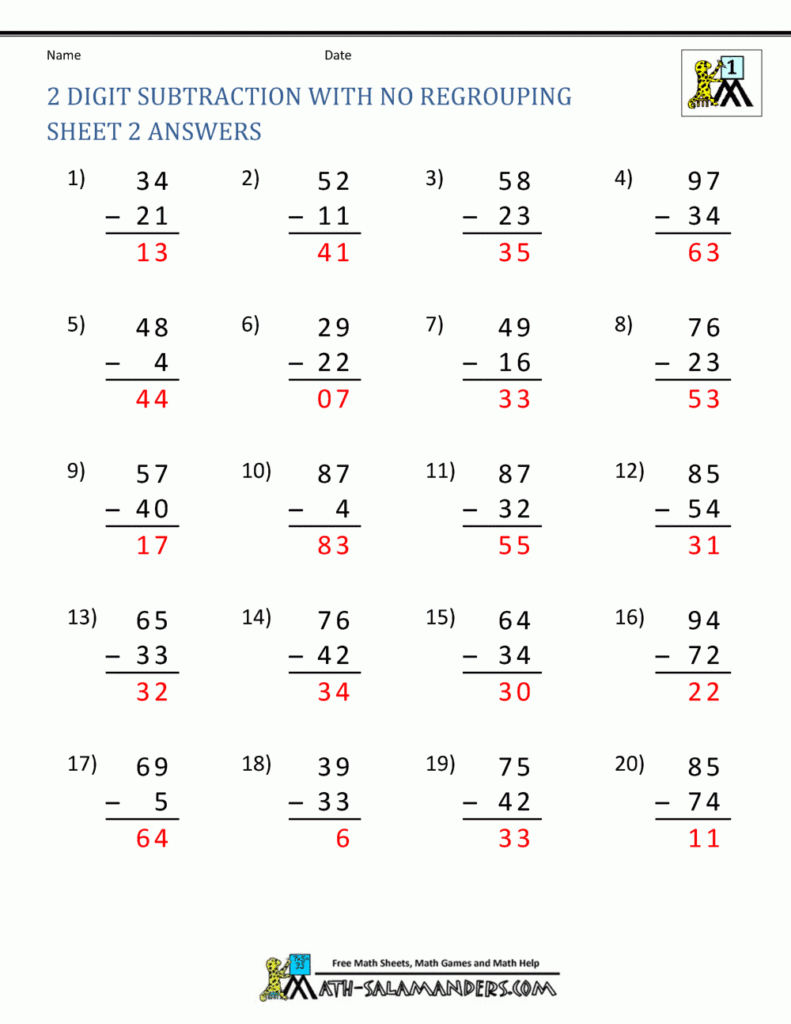 Two Digit Subtraction Without Regrouping