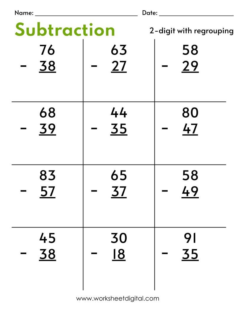 Two Digit Subtraction Worksheets With Regrouping PDF Etsy