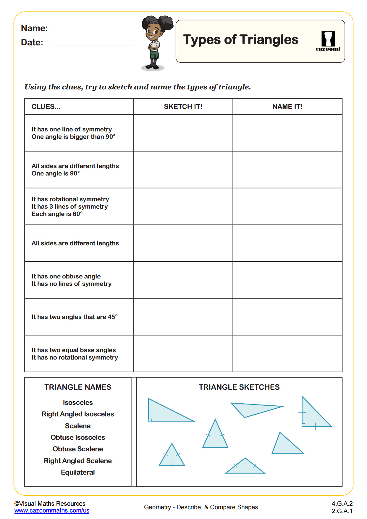 Types Of Triangles PDF Printable Geometry Worksheets Cazoom Math