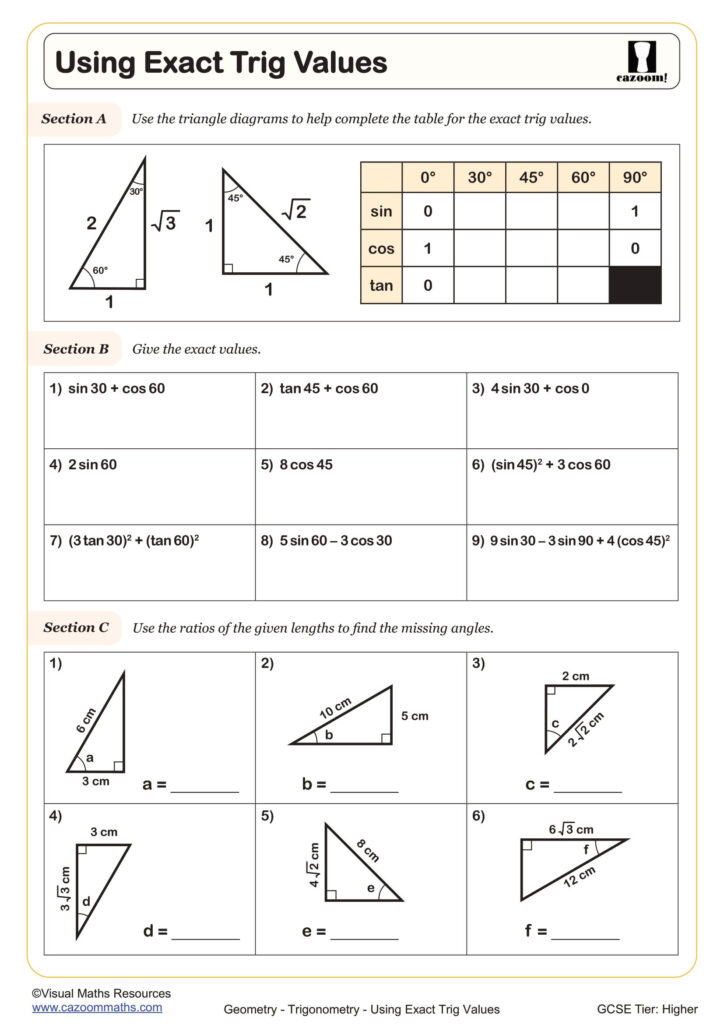 Using Exact Trig Values Worksheet Cazoom Maths Worksheets