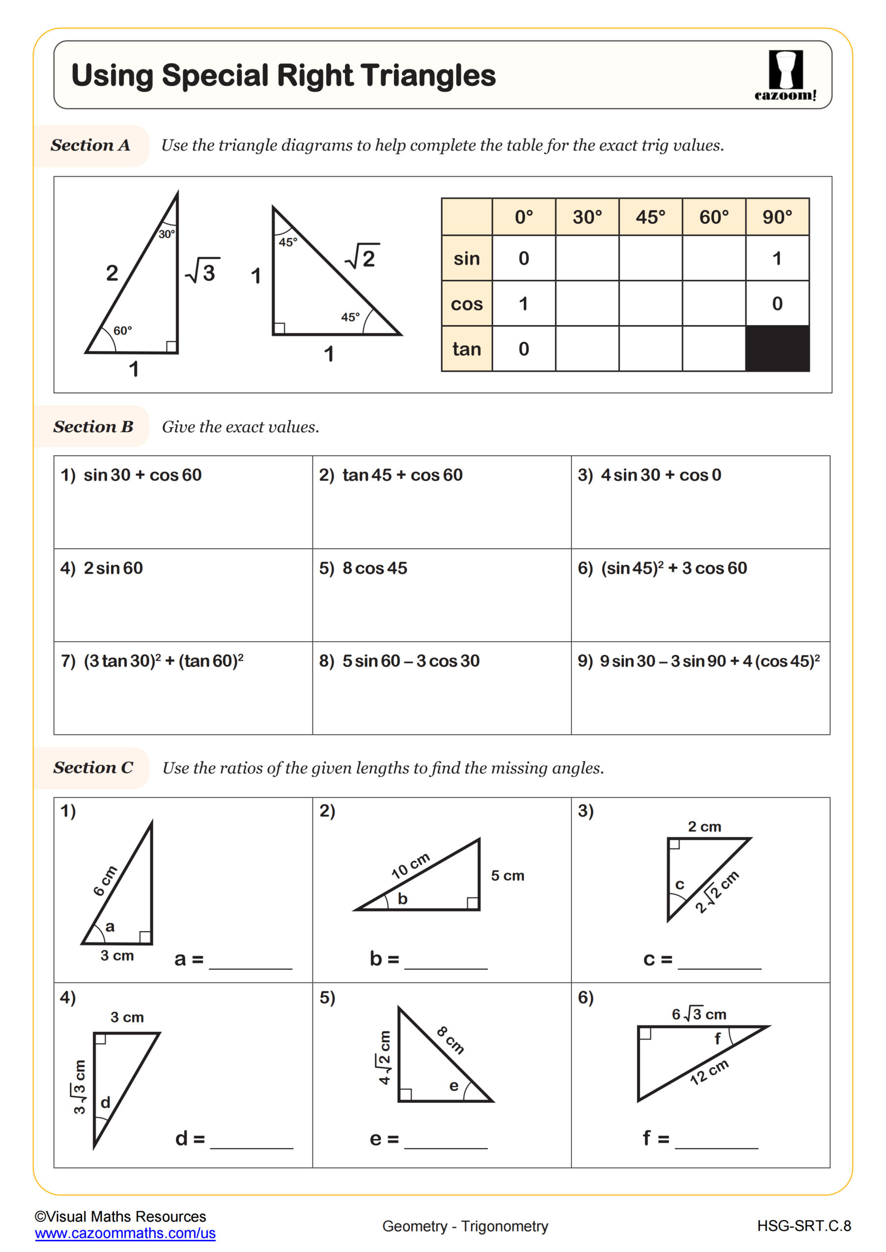 Using Special Right Triangles Worksheet PDF Printable Geometry Worksheet Cazoom Math