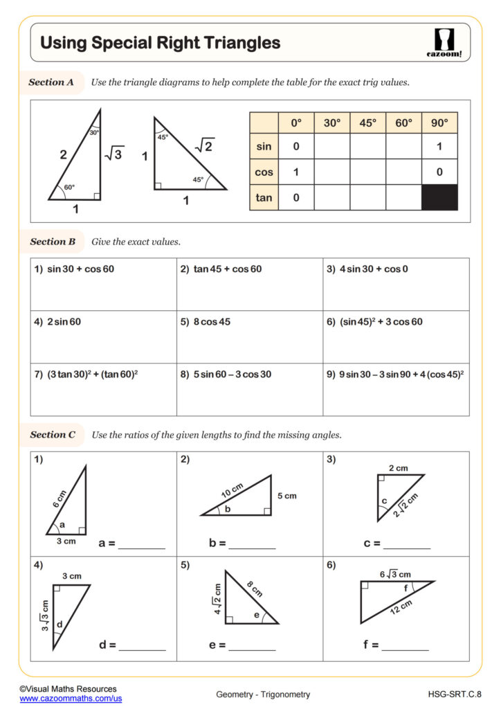 Using Special Right Triangles Worksheet PDF Printable Geometry Worksheet Cazoom Math