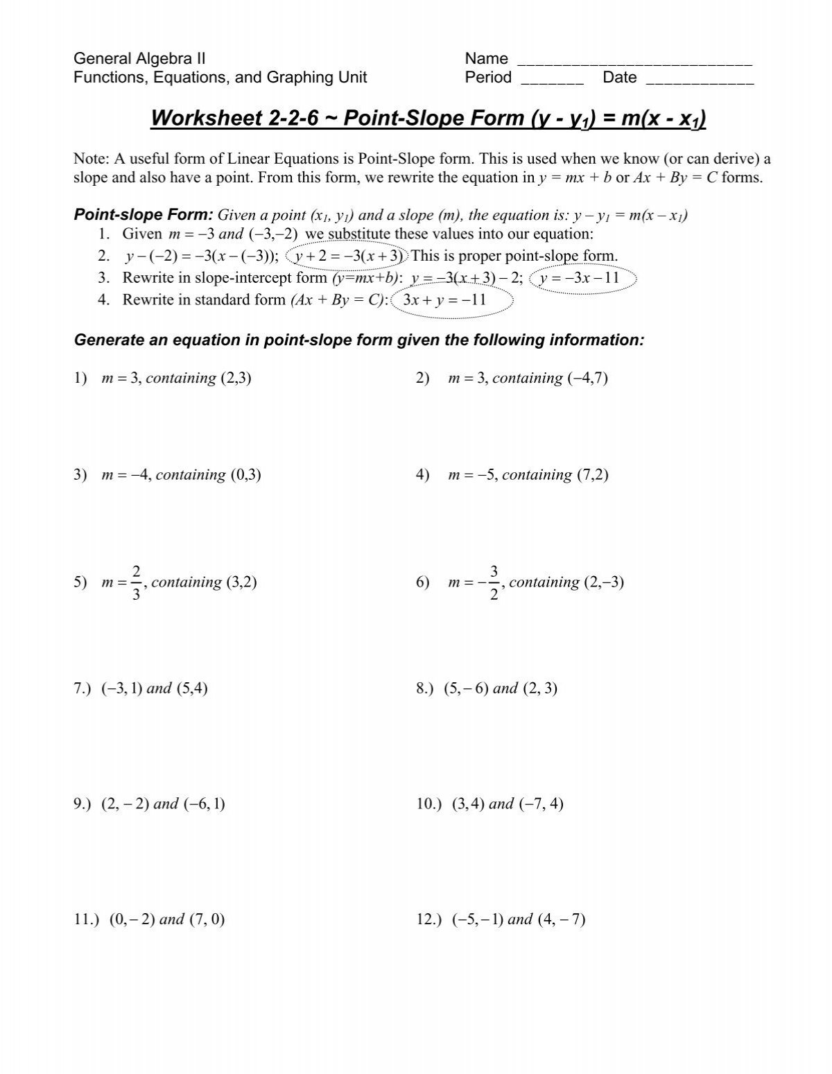 Worksheet 2 2 6 Point Slope Form