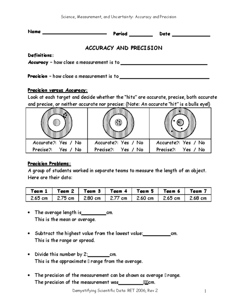 Worksheet Accuracy Precision Percent Error In Measurements Studocu