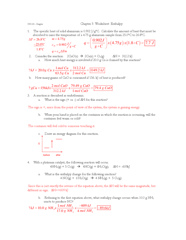 Worksheet For Enthalpy General Chemistry I CH 221 Worksheets Library