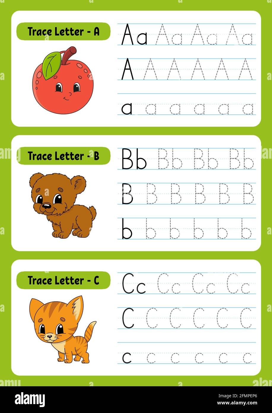 Writing Letters Tracing Page Practice Sheet Worksheet For Kids Exercise For Preschools Learn Alphabet Cute Characters Vector Illustration Cart Stock Vector Image Art Alamy