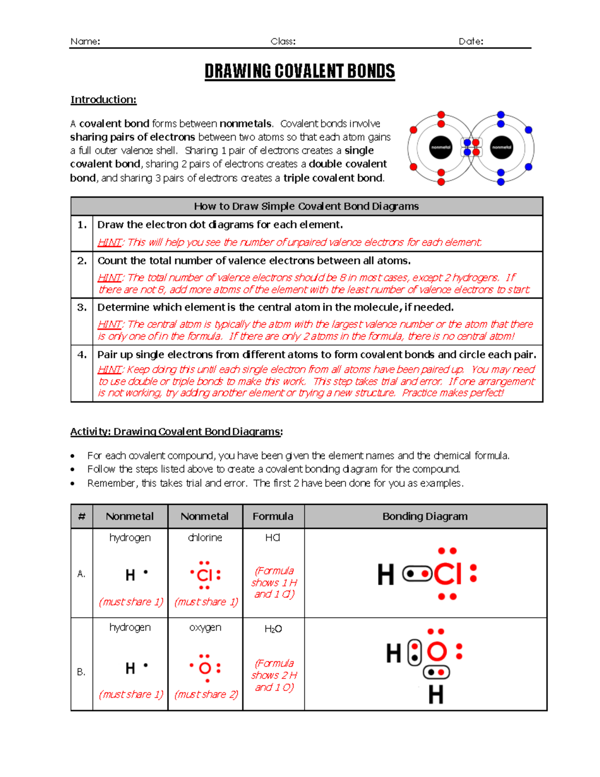 WS Guide To Drawing Covalent Bond Diagrams For Nonmetals Studocu